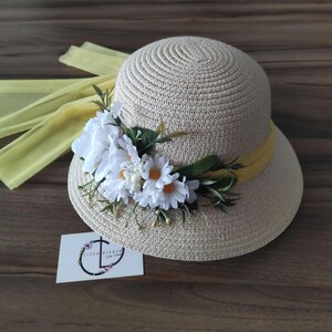Daisy Straw Sun Hat: Cream Floral Hat with Yellow Bow image 13