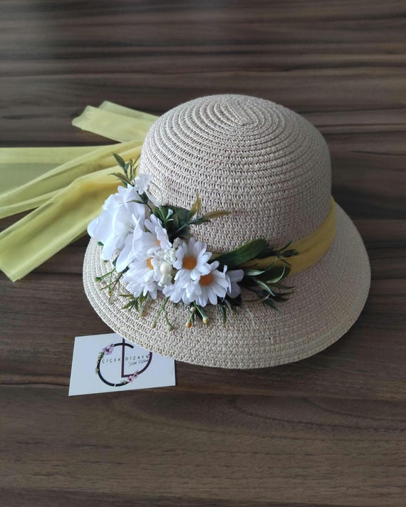 Daisy Straw Sun Hat: Cream Floral Hat With Yellow Bow - Etsy display picture 1