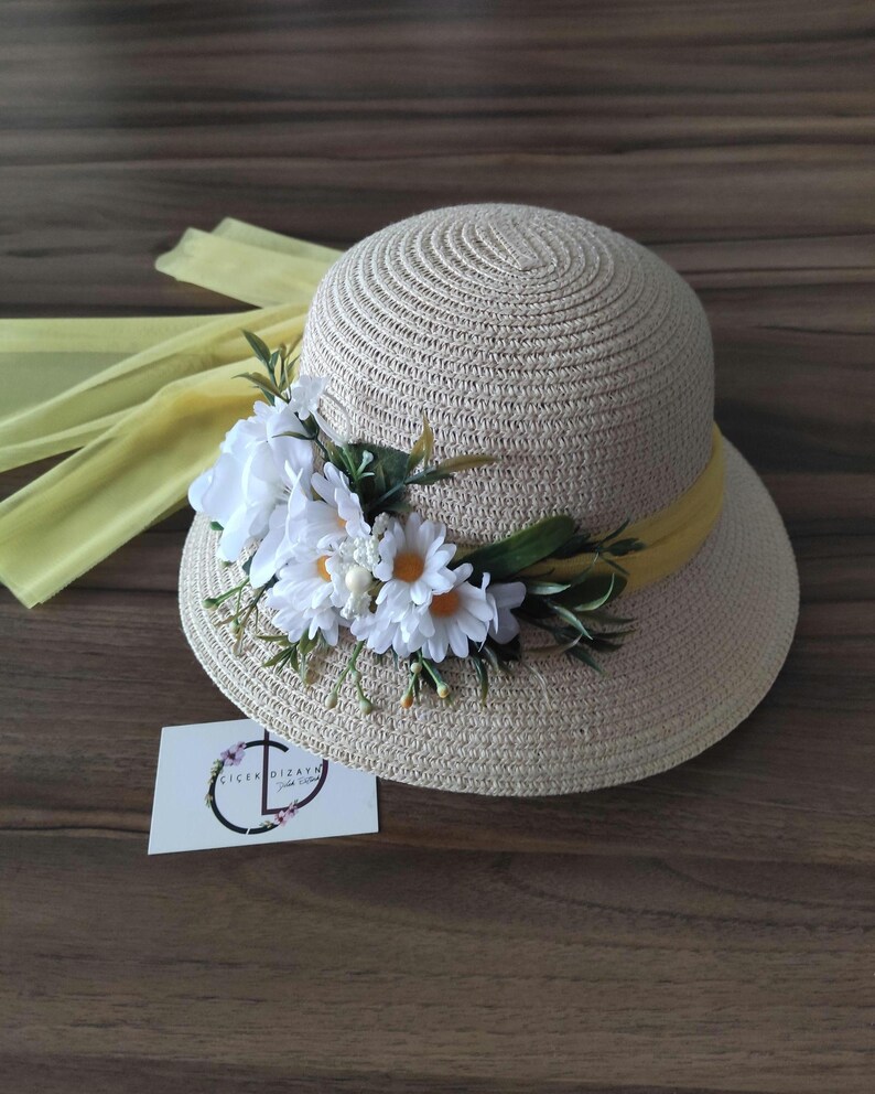 Daisy Straw Sun Hat: Cream Floral Hat with Yellow Bow image 13