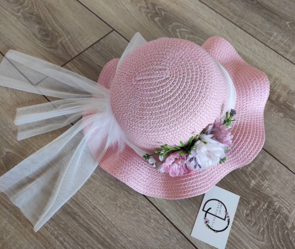 Easter Flower Straw Hat Girl, Floral Baby Tea Party Hat Easter Flower Straw Hat Girl, Floral Baby Tea Party Hat