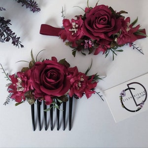 Dark Red Valentines Day Headband, Crimson Wedding Headpiece, Holiday Flower Comb Bride, Mommy Me Crown, Claret Red Hair Piece, Floral Rose image 4