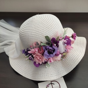 White Easter Flower Hat Baby, Lilac Floral Toddler Hat, Pink Summer Hat Girl, Fancy Tea Party Hat, Holiday Gift Child, Infant Photo Shoot