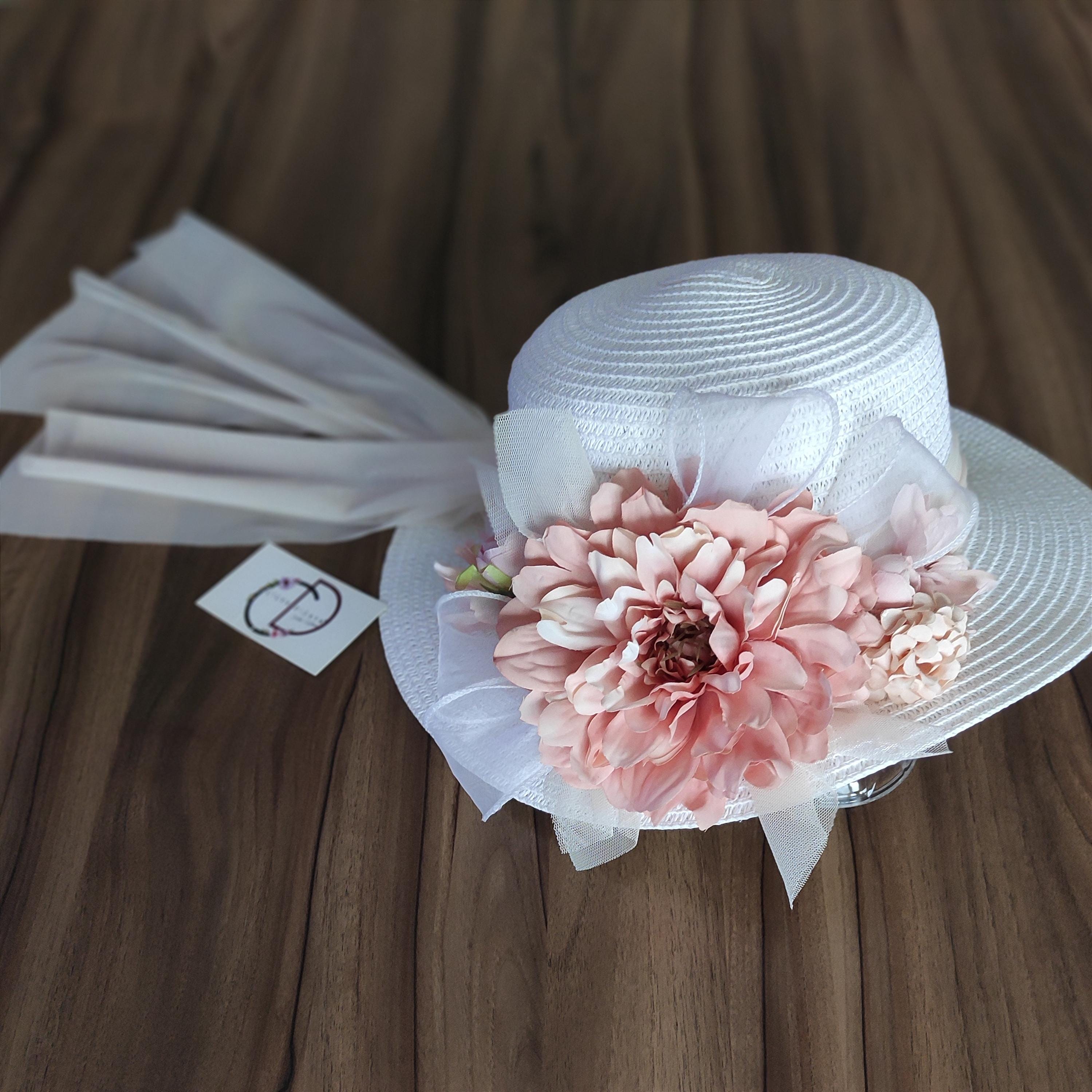 Lace dress hat with flower corsage WHITE Victorian Hat Tea Party Sun Hat Lace Flower Straw Hats  main image 4