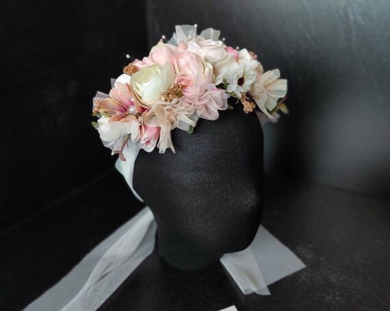 Dusty Pink Floral Wedding Headband: Cream Flower Girl Crown  display picture 1