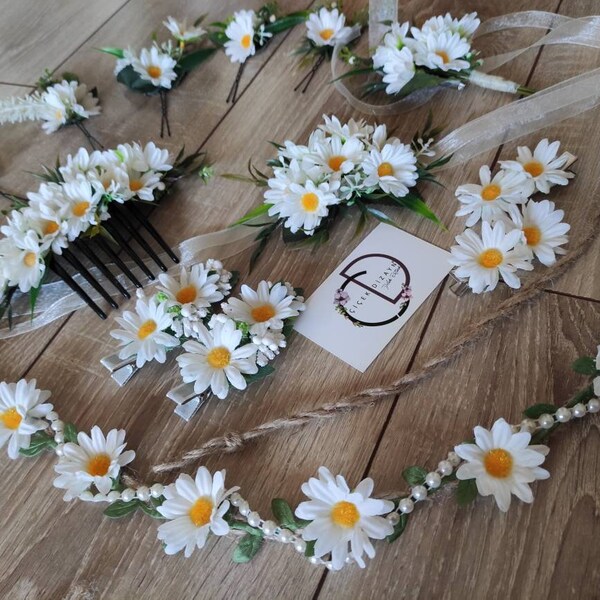 Daisy Wedding Hair Comb, Bride Flower Wrist Corsage, Floral Bridesmaide Hair Pins Clips, Groom Boutonniere, Girl Headband ,Boho Crown