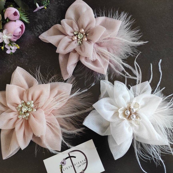 Off White Floral Bride Hair Crown, Mauve Tulle Baby Headband, Dusty Pink Flower Clip, Feather Headbow Girl, Toddler Holiday Birthday Gift