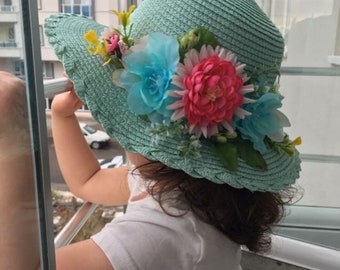 Mint Floral Straw Sun Hat: Baby Girl, Toddler (4-12 Years)