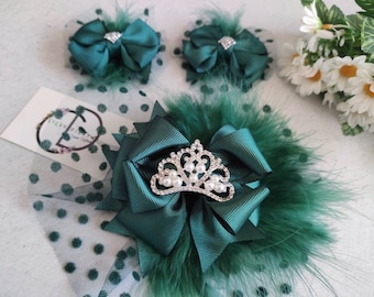 Green Feather Baby Headband, Fancy Girl Hair Bow, Toddler Tulle Birthday Crown, Big Kids Headpiece,  Shoe Clips, Halloween Baby Gift Headbow