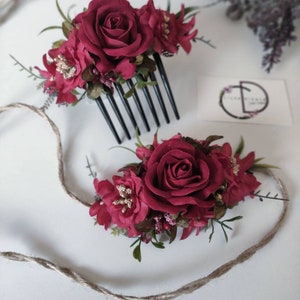 Dark Red Valentines Day Headband, Crimson Wedding Headpiece, Holiday Flower Comb Bride, Mommy Me Crown, Claret Red Hair Piece, Floral Rose image 9