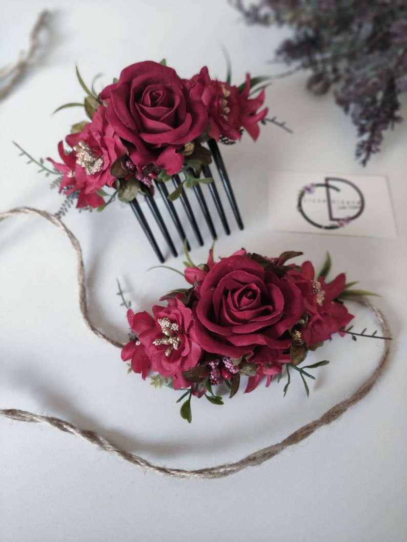 Dark Red Valentines Day Headband, Crimson Wedding Headpiece, Holiday Flower Comb Bride, Mommy Me Crown, Claret Red Hair Piece, Floral Rose image 9