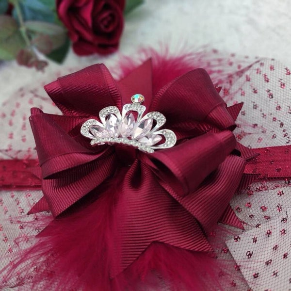Burgundy Chic Baby Headband, Bordeaux Girl Christmas Bow, Toddler Feather Clip, Photo Shoot, Holiday Gift Kids, Birthday Party Tulle Headbow