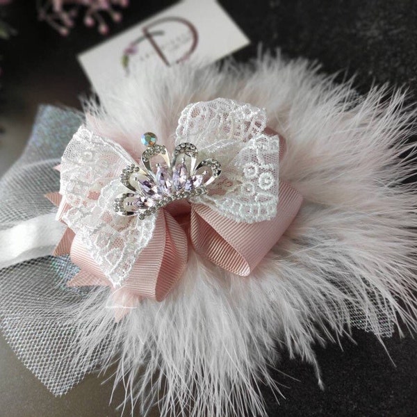 Bandeau en dentelle pour bébé blanc rose, arc de cheveux pour tout-petits en plumes, casque d’anniversaire fantaisie pour fille, pince à cheveux de grande taille, arc de tête en tulle, couronne de mariage