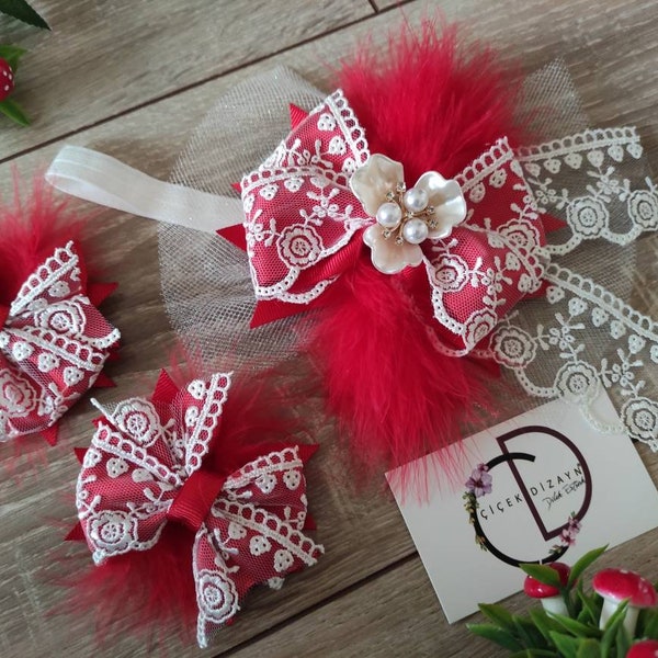 Fascia per capelli rossa per il giorno di San Valentino, fermagli per scarpe in pizzo avorio, copricapo di piume natalizie per bambini, fiocco per compleanno per ragazza, fiocco per capelli grandi, servizio fotografico