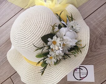 Chic Cream Sun Hat with Floral Detail Flower Patterned Garden Big Brim Sunhat, Cool Quality Cotton  main image 3