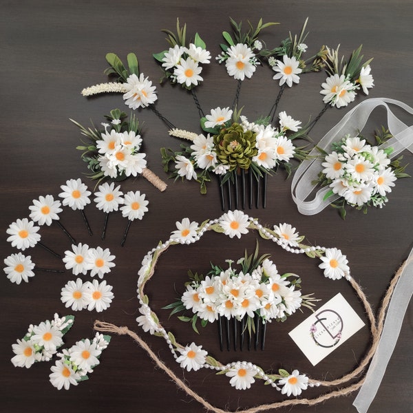 Daisy Wedding Hair Comb, Bride Flower Wrist Corsage, Floral Bridesmaide Hair Pins Clips, Groom Boutonniere, Girl Headband ,Boho Crown