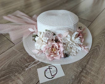 Flower Tea Party Hat Adult, Easter Floral Girl Hat, White Chic Derby Hat, Bride Photo Shoot Prop Cap, Fancy Summer Bucket Hat, Holiday Gift