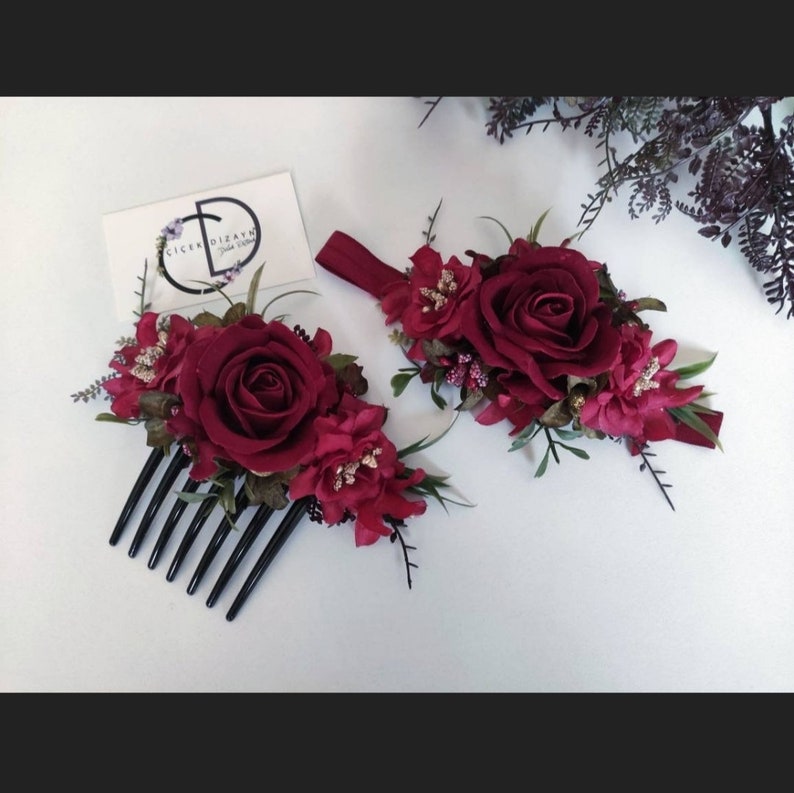 Dark Red Valentines Day Headband, Crimson Wedding Headpiece, Holiday Flower Comb Bride, Mommy Me Crown, Claret Red Hair Piece, Floral Rose image 1