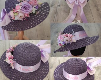 Easter Bonnet Flower Girl, Floral Tea Party Straw Hat, White Baby Floppy Hat, Pink Lilac Derby Bucket Hat, Wedding Toddler, Spring Sun Cap Easter Bonnet Flower Girl, Floral Tea Party Straw Hat, White Baby Floppy Hat, Pink Lilac Derby Bucket Hat, Wedding Toddler, Spring Sun Cap