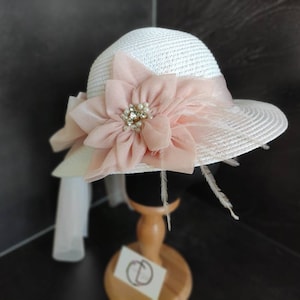 Pale Pink Flower Straw Bonnet: Baby Tea Party Hat