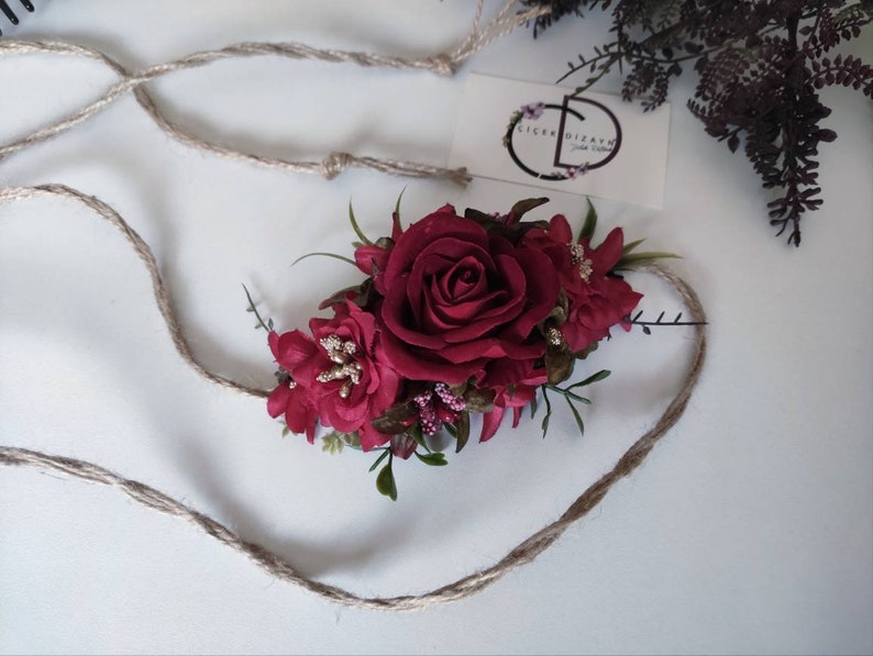 Dark Red Valentines Day Headband, Crimson Wedding Headpiece, Holiday Flower Comb Bride, Mommy Me Crown, Claret Red Hair Piece, Floral Rose image 7