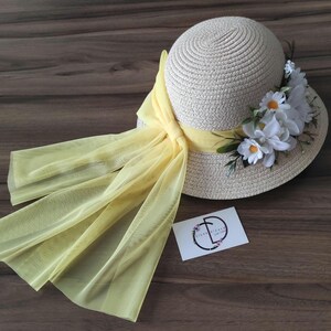 Daisy Straw Sun Hat: Cream Floral Hat with Yellow Bow image 12