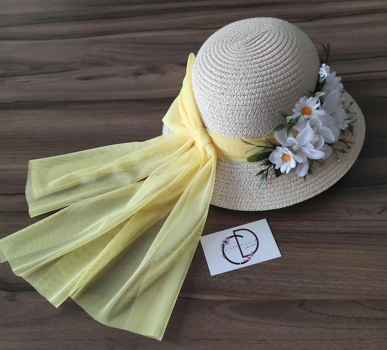 Daisy Straw Sun Hat: Cream Floral Hat with Yellow Bow image 12