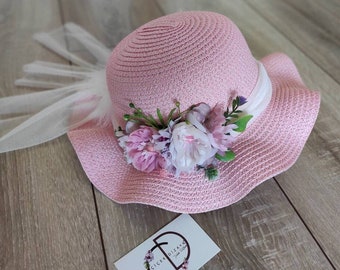 Easter Flower Straw Hat Girl, Floral Baby Tea Party Hat, Summer Floppy Hat Little Girls, Fancy Toddler Derby Bonnet, Kids Cap Holiday Gift