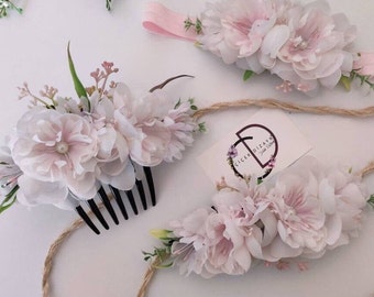 Mommy and Me Floral Headband, Mother Daughter Flower Crown, Wedding Headpiece, Tie Back Bridal, Dusty Pink Baby Hair Band, Girls Photo Shoot