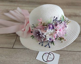 Easter Bonnet Flower Girl, Floral Tea Party Straw Hat, White Baby Floppy Hat, Pink Lilac Derby  Bucket Hat, Wedding Toddler, Spring Sun Cap