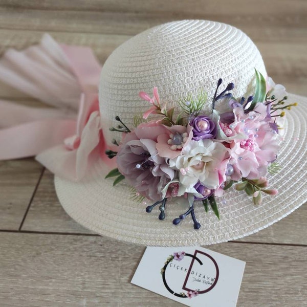 Easter Bonnet Flower Girl, Floral Tea Party Straw Hat, White Baby Floppy Hat, Pink Lilac Derby  Bucket Hat, Wedding Toddler, Spring Sun Cap