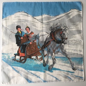 Horse-drawn sleigh, folklore Scandinavian couple handkerchief.