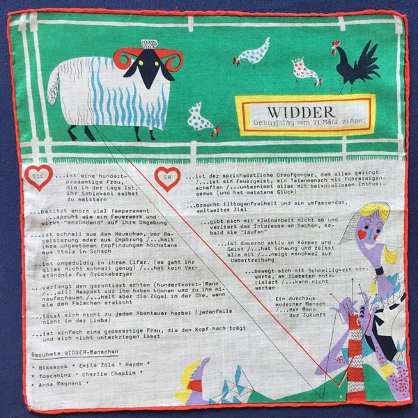 Zodiac Ram handkerchief from the 1960s, Widder