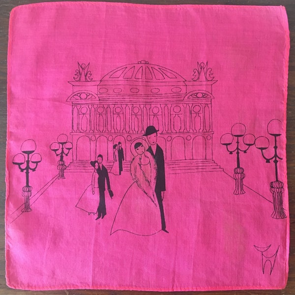 Think pink, handkerchief, vintage 1950s-1960s with operahouse. Lipstick handkerchief