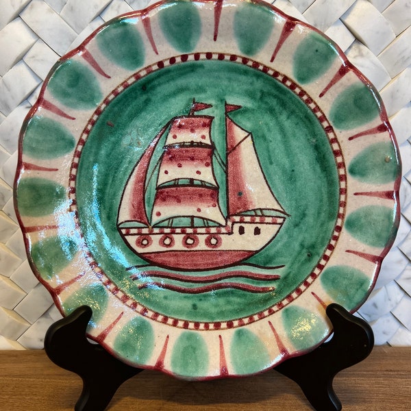 Hand Painted Vintage Teal and Pink Italian Pottery Ship Plate (9 Inch)