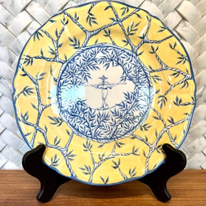 Vintage Hand Painted Chinoiserie Baladins by FAIENCERIE DE GIEN French Blue and Yellow Porcelain Plates