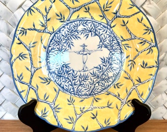 Vintage Faiencerie de Gien Plate, Hand Painted Chinoiserie, Blue & Yellow