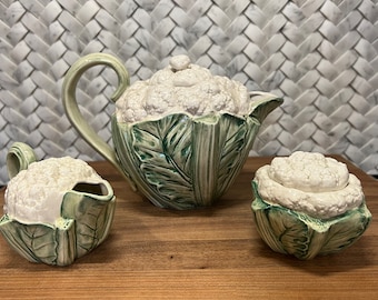 Vintage 1989 Fitz and Floyd Majolica Cauliflower Tea Set