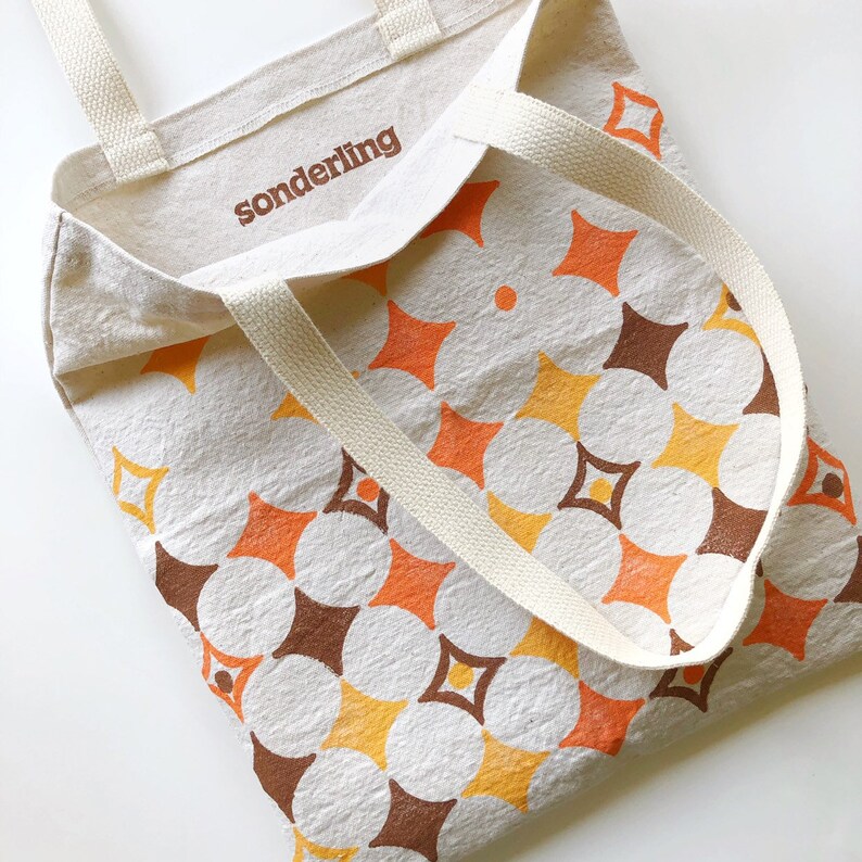 Block Printed Canvas Tote Bag \u2014 Constellation Warm Retro Slim Basic Small Cotton Tote Handmade /& Handprinted