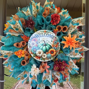 Large Teal and Orange Fall Wreath. 30”