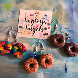 Bagel Earrings! Handmade clay painted everything bagels.