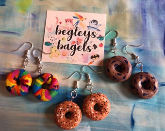 Bagel Earrings! Handmade clay painted everything bagels.