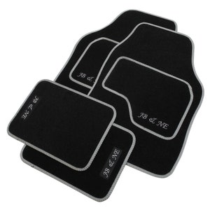 May include: Set of five black car floor mats with grey edging. The mats are personalised with the text "JB & NE" in white.