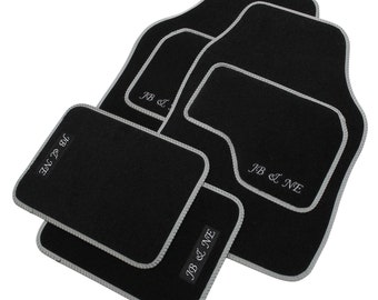 JVL Personalised Universal Black Carpet Car Mat Set with Grey Embroidery