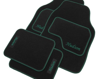 JVL Personalised Universal Black Carpet Car Mat Set with Green Embroidery