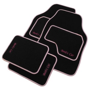 JVL Personalised Universal Black Carpet Car Mat Set with Pink Embroidery