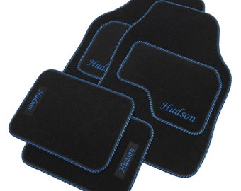 JVL Personalised Universal Black Carpet Car Mat Set with Blue Embroidery