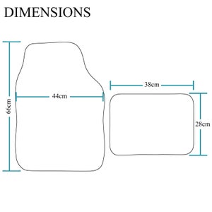 May include: Diagram showing the dimensions of two car floor mats. The larger mat is 66cm by 44cm. The smaller mat is 38cm by 28cm.