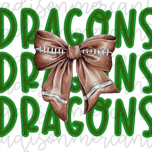 May include: A brown football-themed bow with white stitching and a green text overlay that reads "DRAGONS" three times.