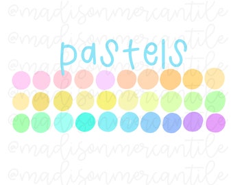 May include: A white background with the word "pastels" in light blue script. Below the word are rows of colorful, round pastel-colored dots, including pink, yellow, green, and blue.