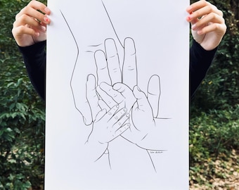 Arte lineal minimalista de manos familiares: ilustración de mamá, papá, niño y bebé tomados de la mano, regalo para recién nacidos, retrato familiar original, arte infantil.